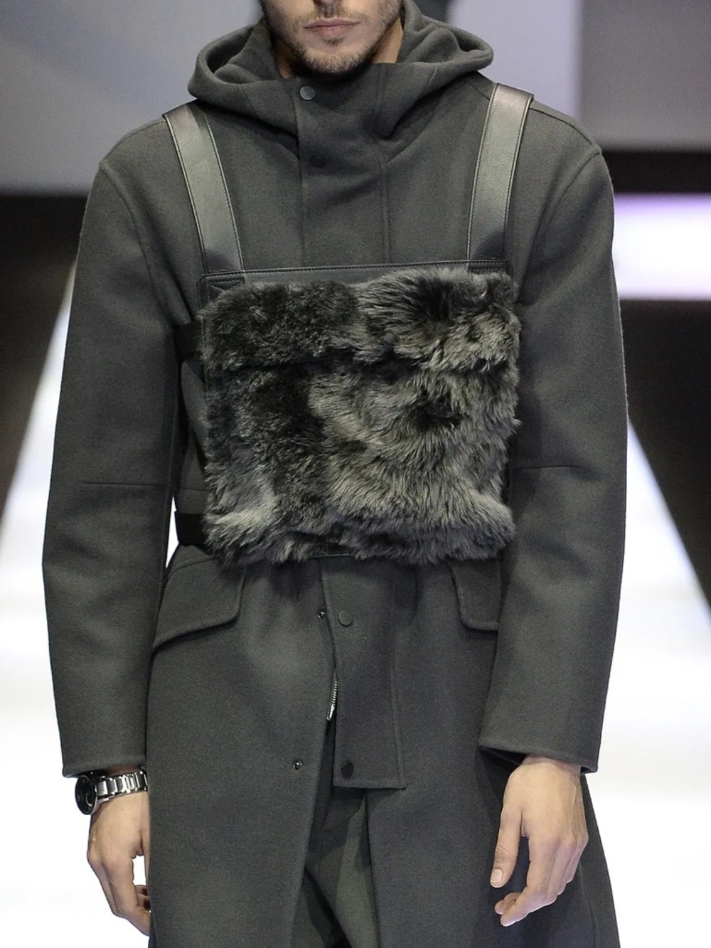 NWT Emporio Armani Fall 2017 Runway Fur Leather Chest Rig Vest Bag Black Gray